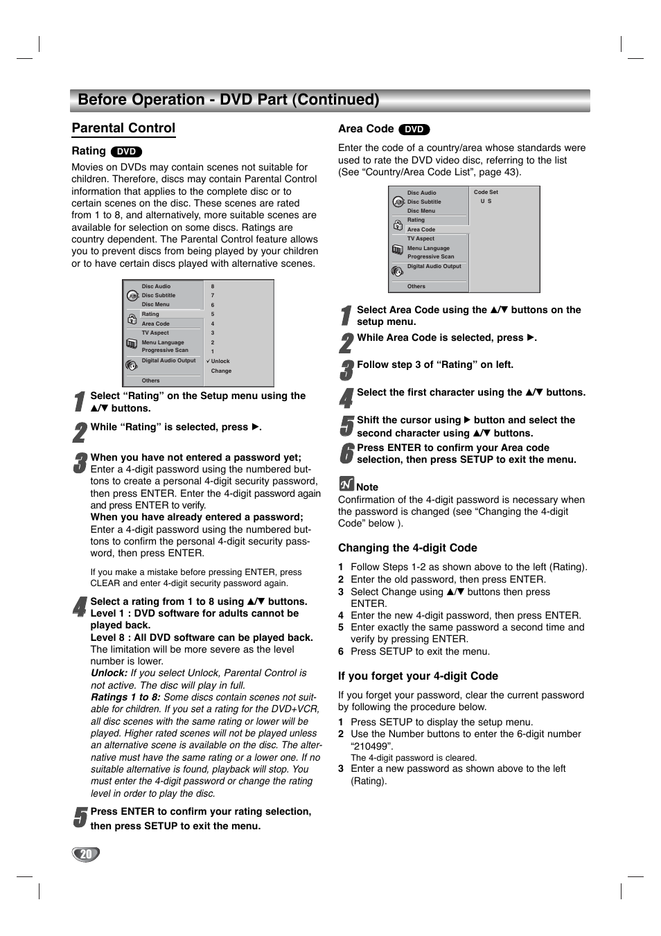 Before operation - dvd part (continued), Parental control | Toshiba SD-K530SU User Manual | Page 20 / 47