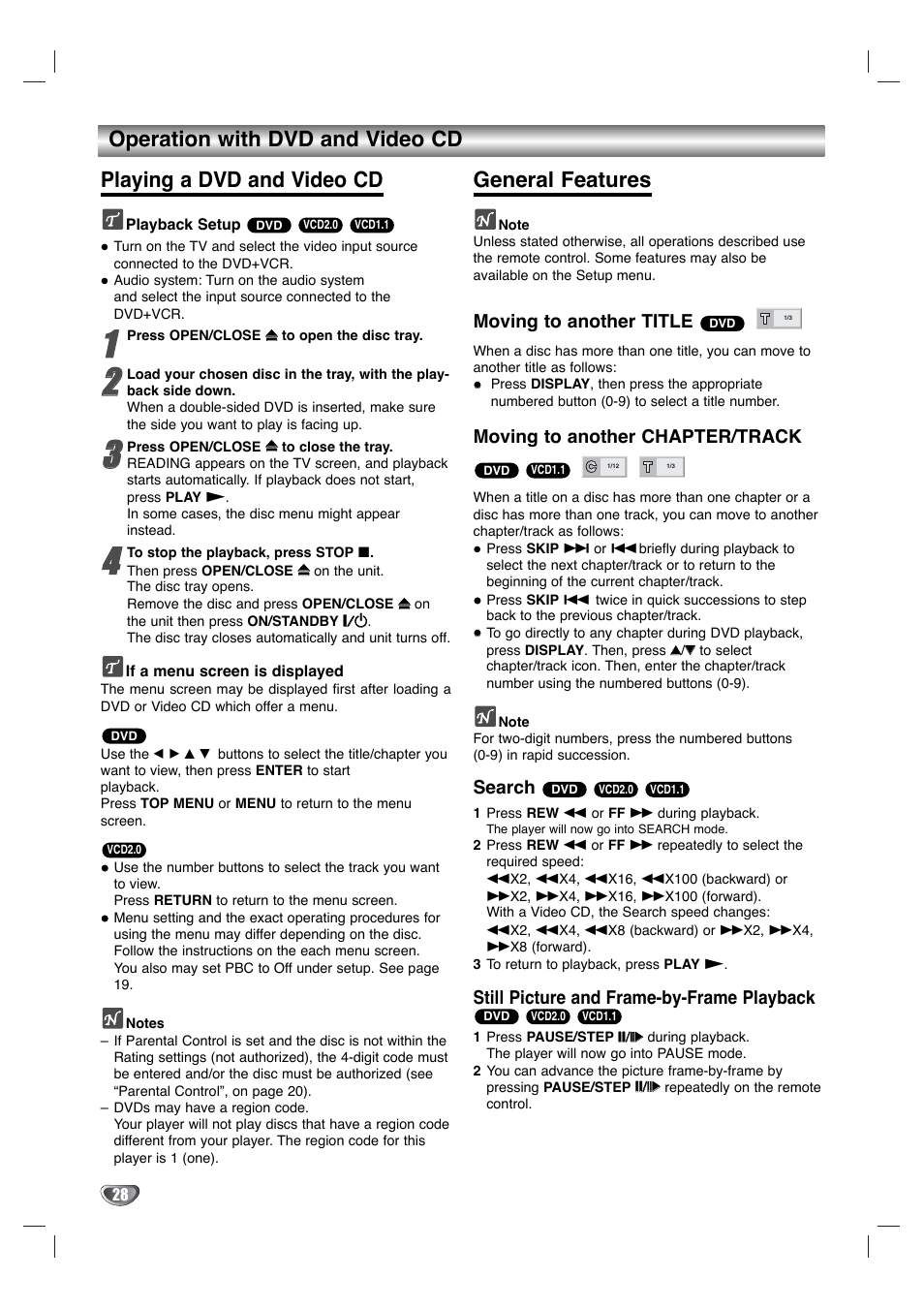 General features, Moving to another title, Moving to another chapter/track | Search, Still picture and frame-by-frame playback | Toshiba SD-K530SU User Manual | Page 28 / 47