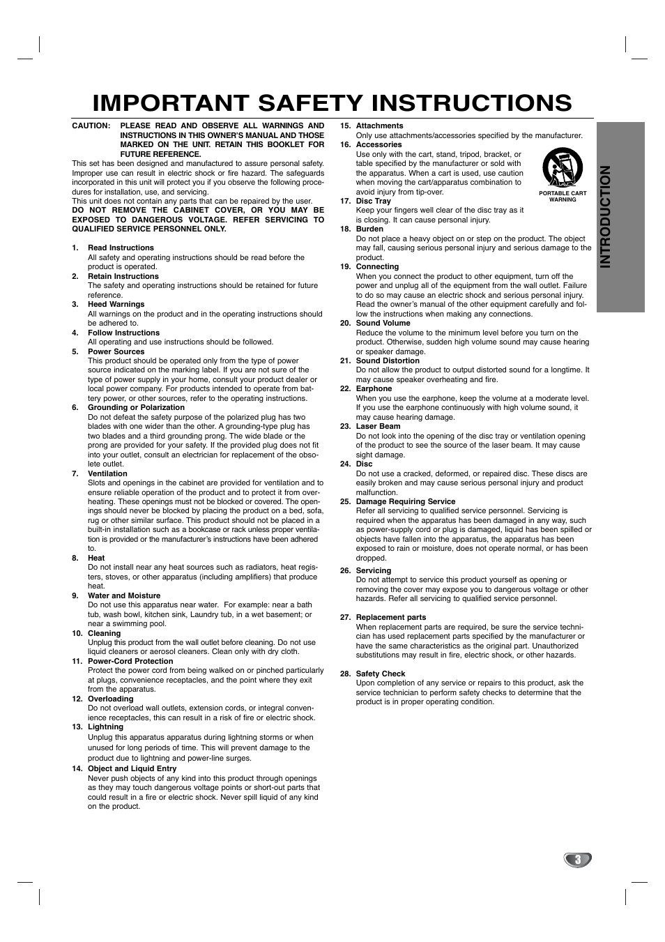 Important safety instructions, Introduction | Toshiba SD-K530SU User Manual | Page 3 / 47