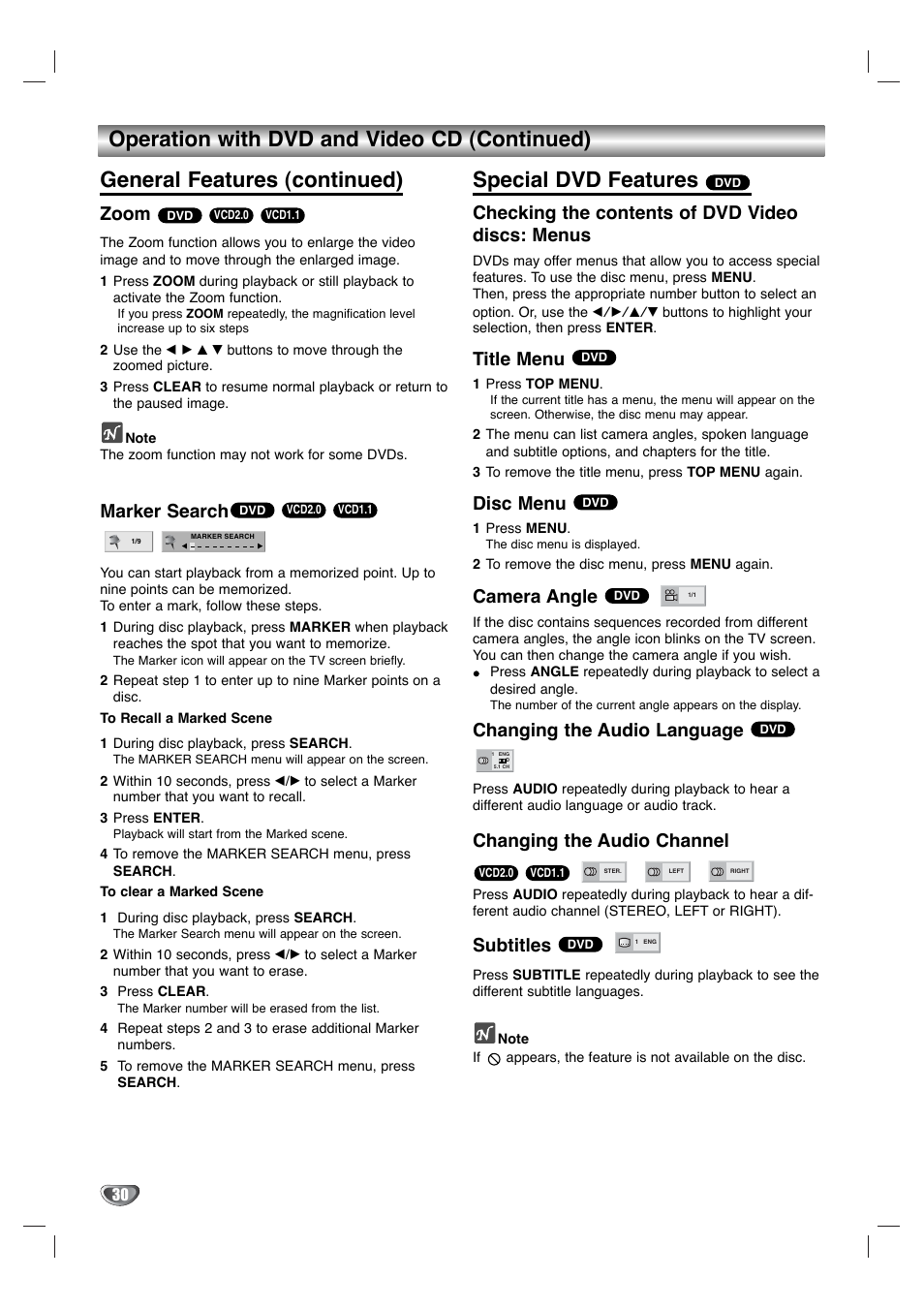 Special dvd features, Zoom, Marker search | Checking the contents of dvd video discs: menus, Title menu, Disc menu, Camera angle, Changing the audio language, Changing the audio channel, Subtitles | Toshiba SD-K530SU User Manual | Page 30 / 47
