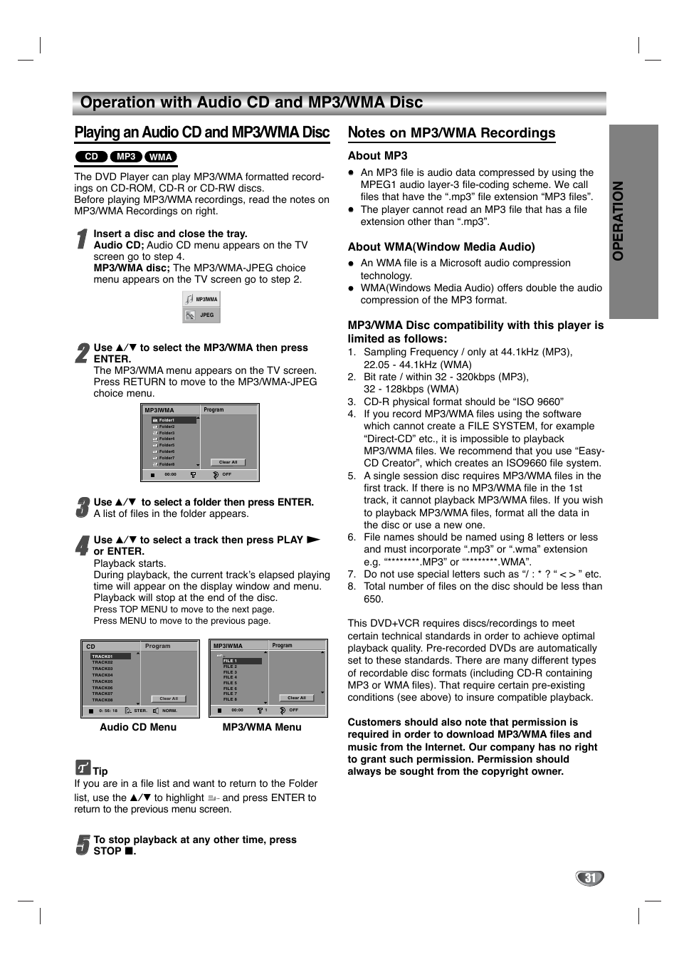 Opera tion, Otes on mp3/wma recordings, About mp3 | About wma(window media audio) | Toshiba SD-K530SU User Manual | Page 31 / 47