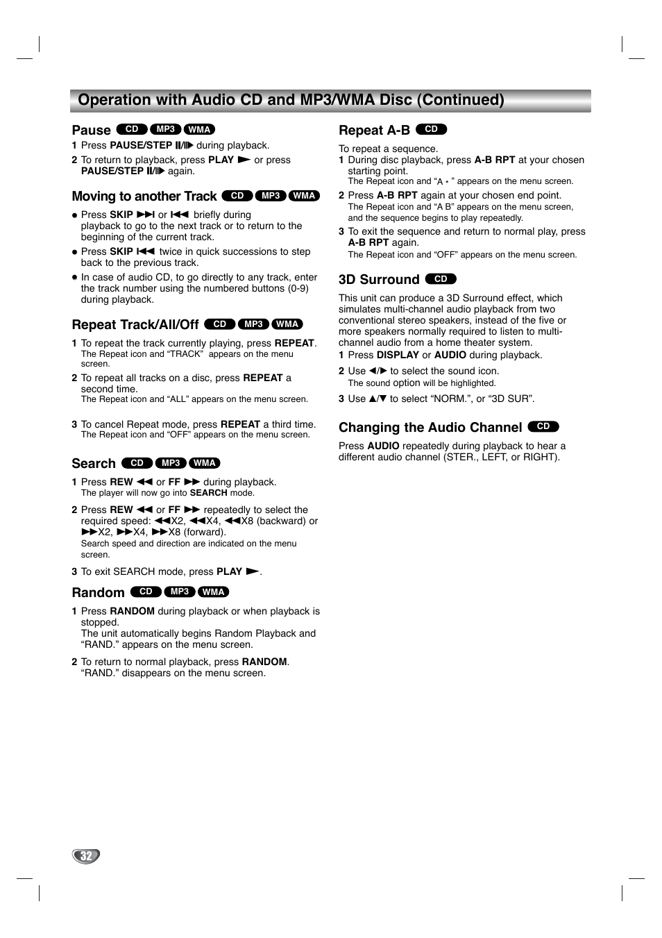 Pause, Moving to another track, Repeat track/all/off | Search, Random, Repeat a-b, 3d surround, Changing the audio channel | Toshiba SD-K530SU User Manual | Page 32 / 47