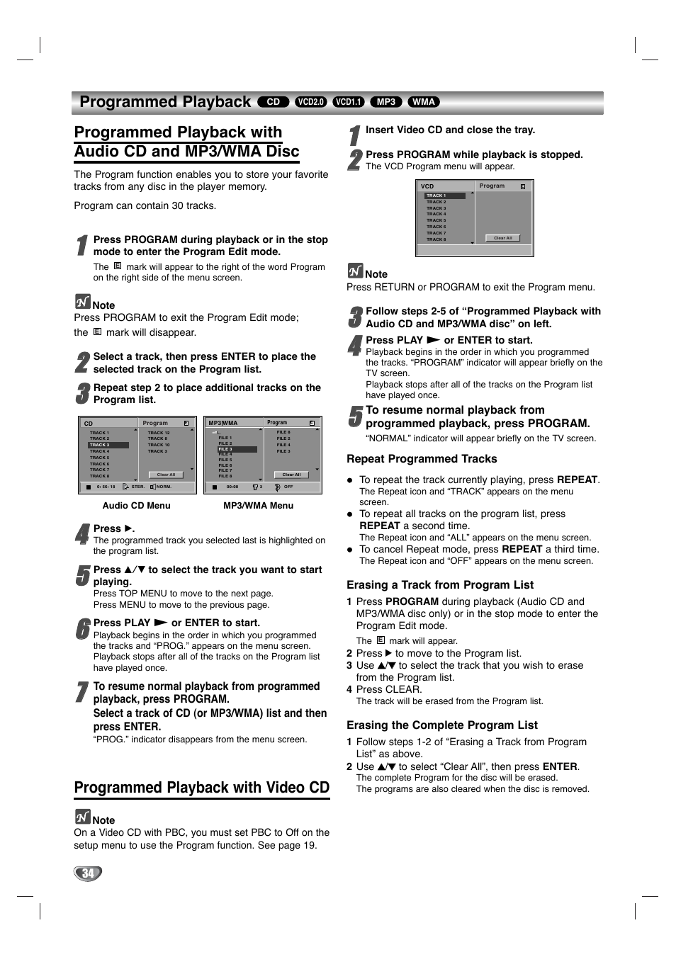 Programmed playback, Programmed playback with audio cd and mp3/wma disc, Programmed playback with video cd | Toshiba SD-K530SU User Manual | Page 34 / 47