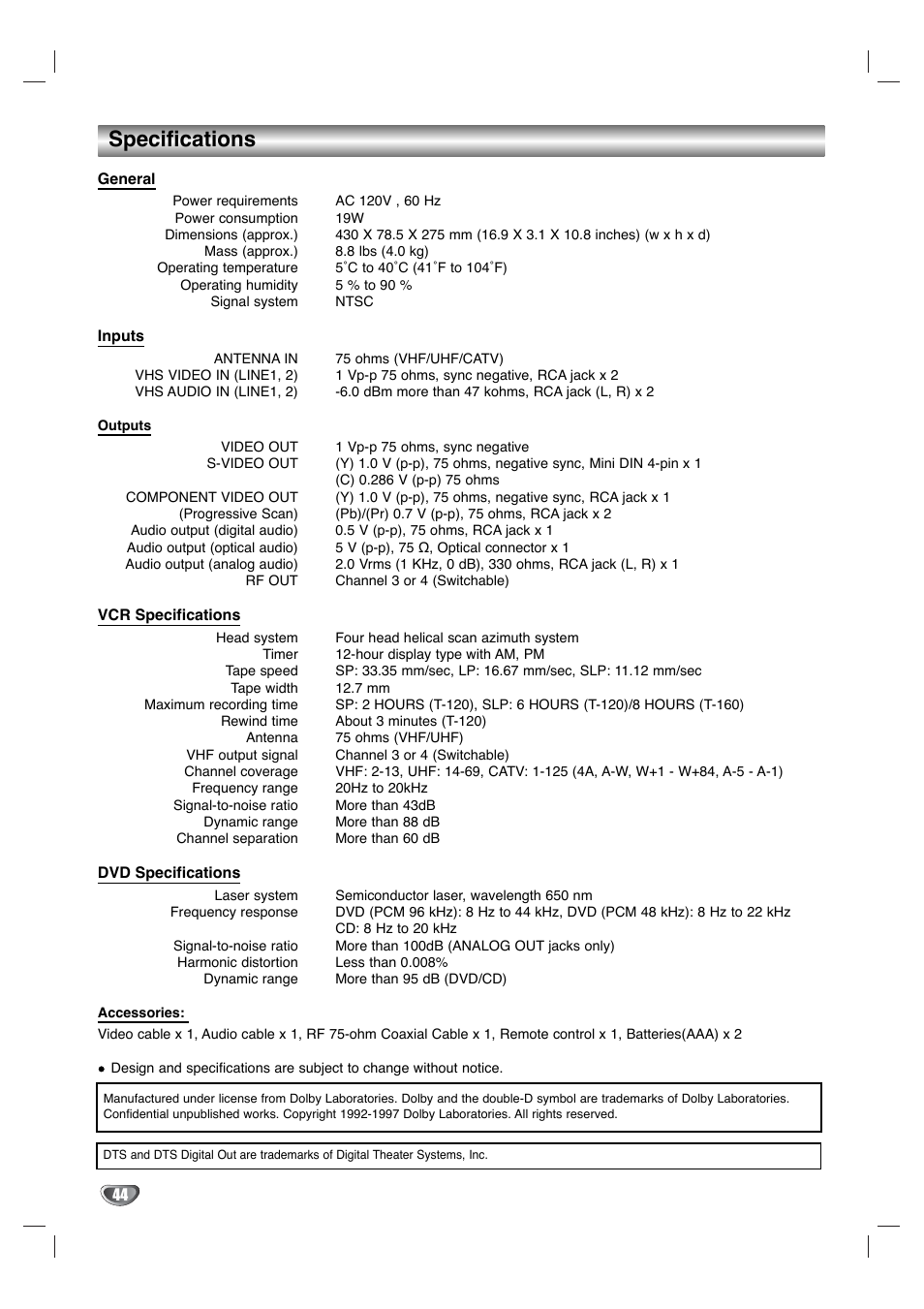 Specifications | Toshiba SD-K530SU User Manual | Page 44 / 47