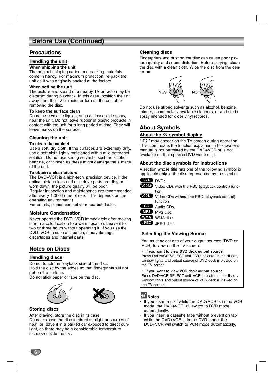 Before use (continued), Precautions, About symbols | Toshiba SD-K530SU User Manual | Page 6 / 47