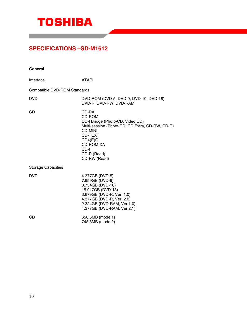 Specifications –sd-m1612 | Toshiba SD-M1612 User Manual | Page 12 / 17