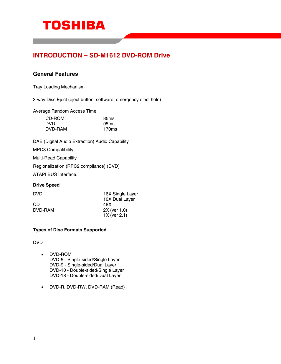 Introduction – sd-m1612 dvd-rom drive | Toshiba SD-M1612 User Manual | Page 3 / 17