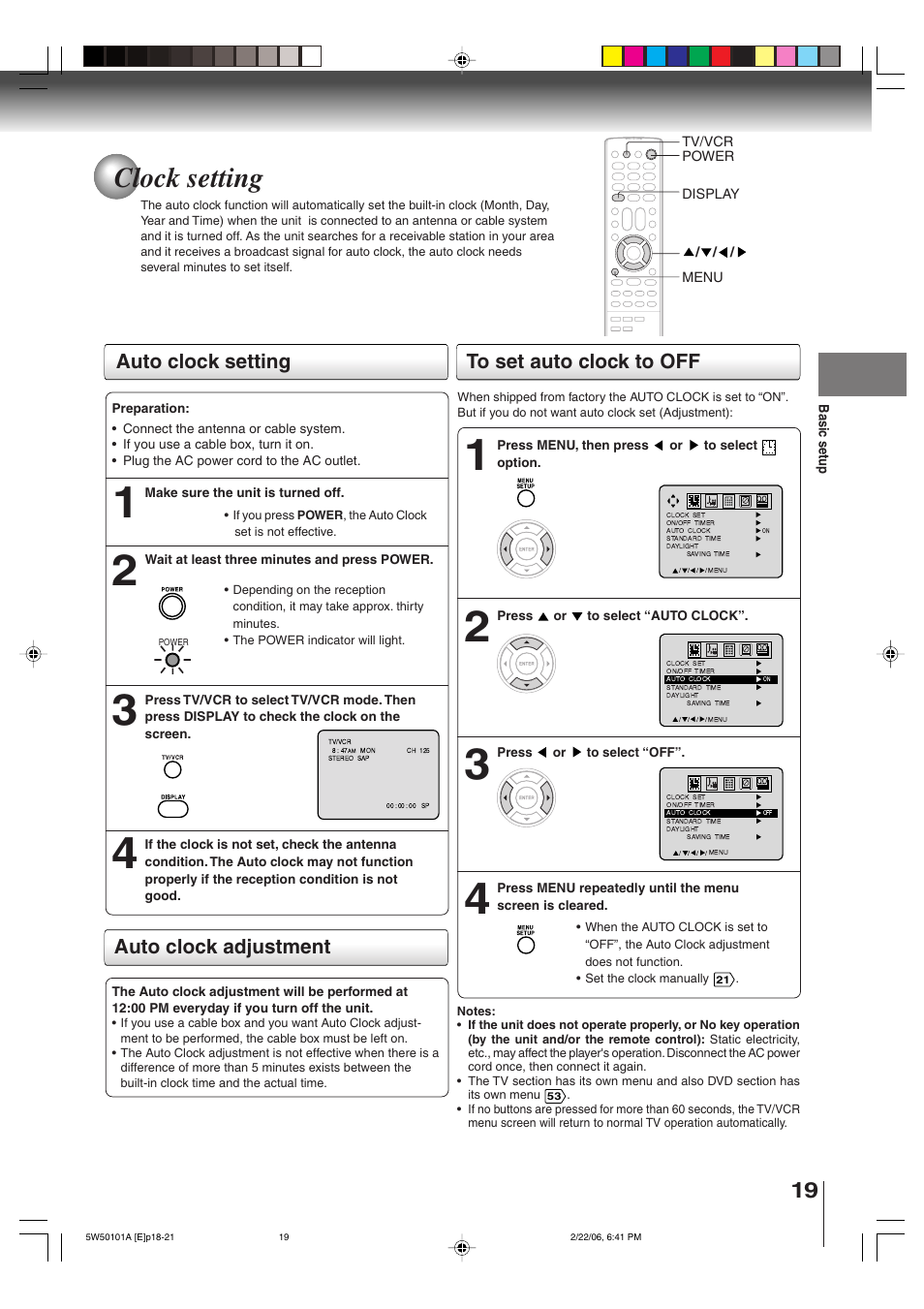 Clock setting, Auto clock setting, Auto clock adjustment to set auto clock to off | Toshiba MW20F12 User Manual | Page 19 / 68