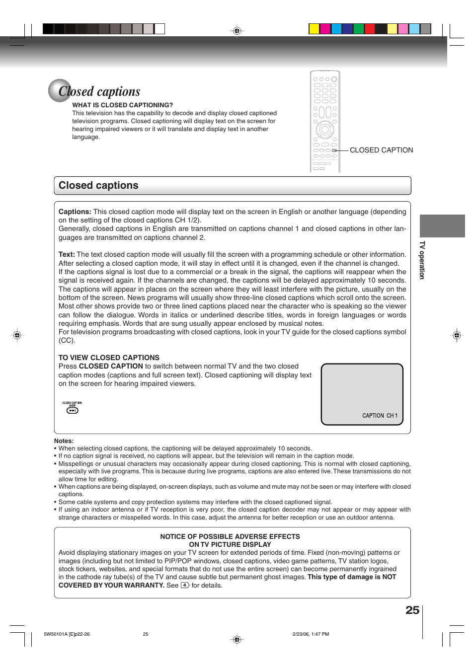 Closed captions | Toshiba MW20F12 User Manual | Page 25 / 68