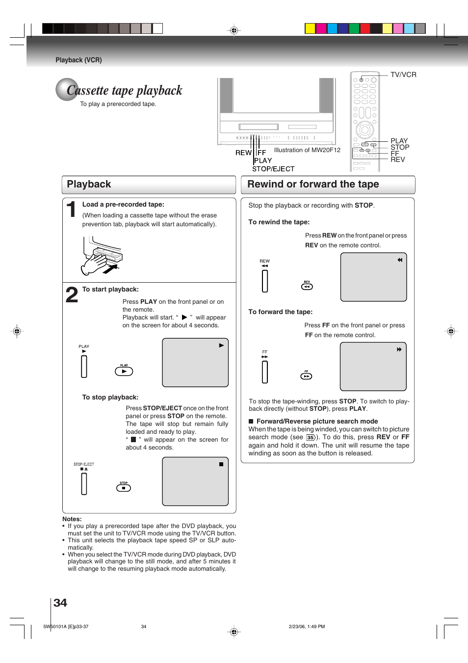 Cassette tape playback, Playback rewind or forward the tape | Toshiba MW20F12 User Manual | Page 34 / 68