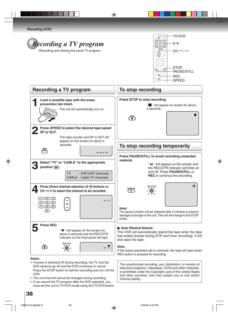 Recording a tv program | Toshiba MW20F12 User Manual | Page 38 / 68