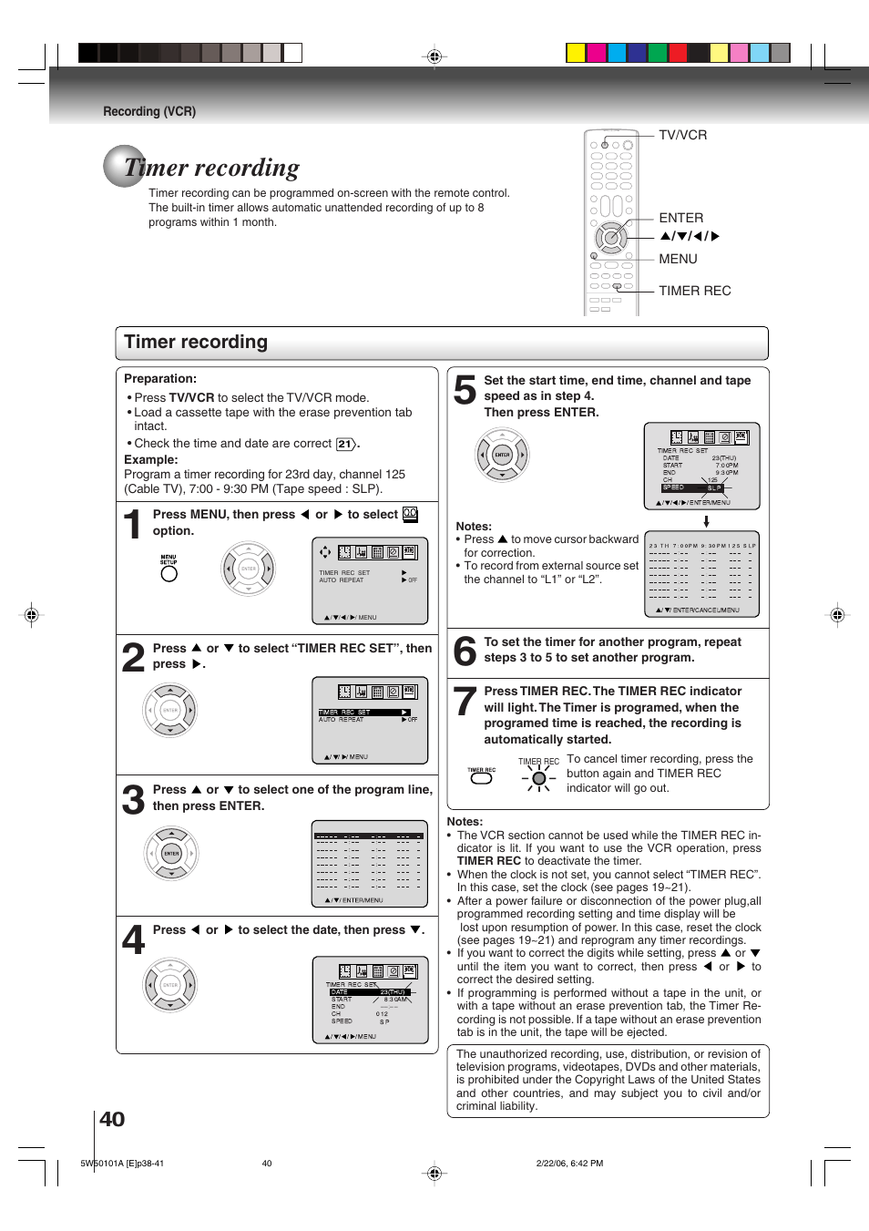 Timer recording | Toshiba MW20F12 User Manual | Page 40 / 68