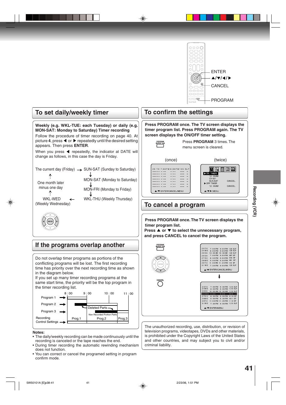 If the programs overlap another, Recor ding (vcr), Twice) (once) | Cancel program enter, Press program 3 times. the menu screen is cleared | Toshiba MW20F12 User Manual | Page 41 / 68