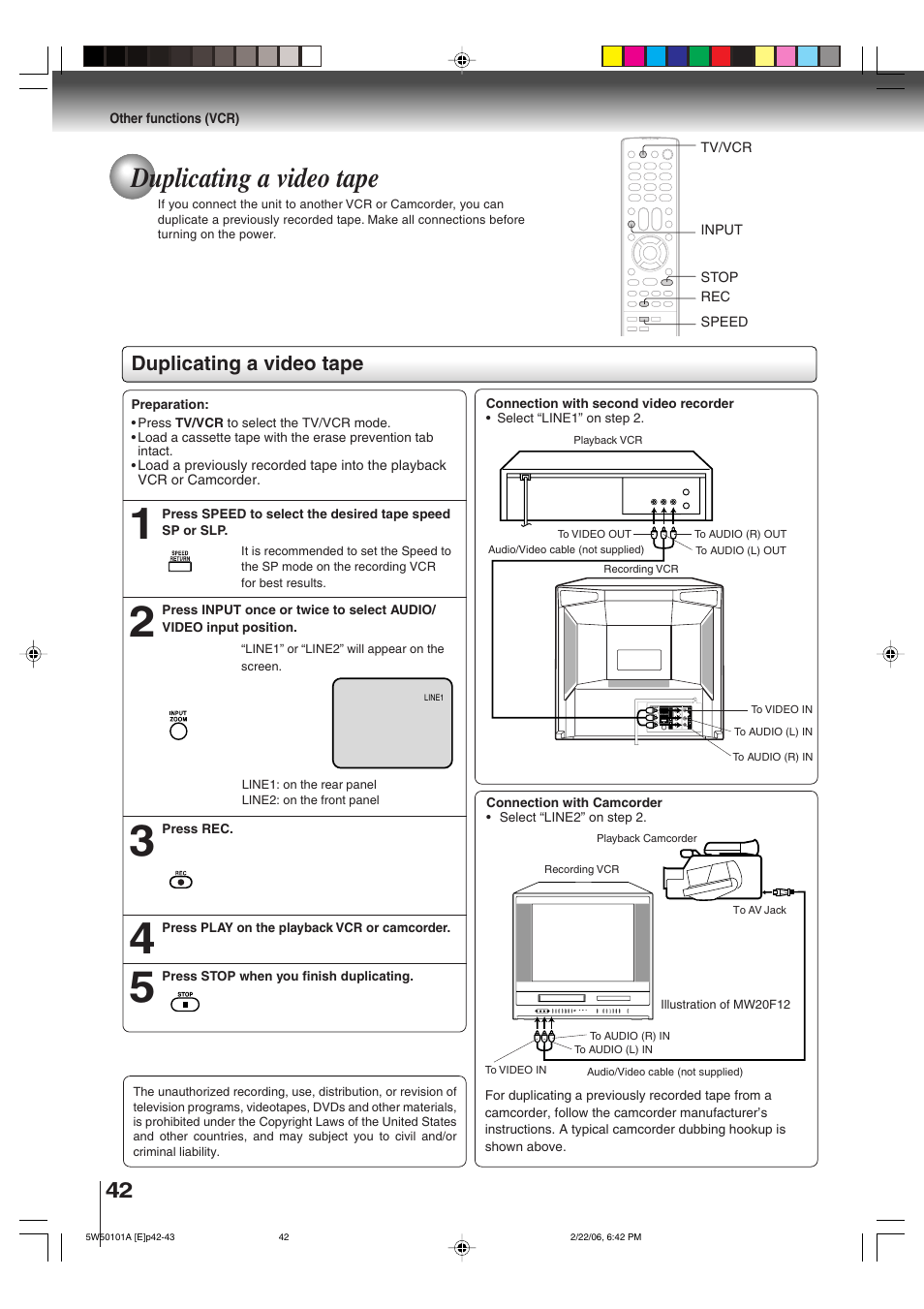 Duplicating a video tape | Toshiba MW20F12 User Manual | Page 42 / 68