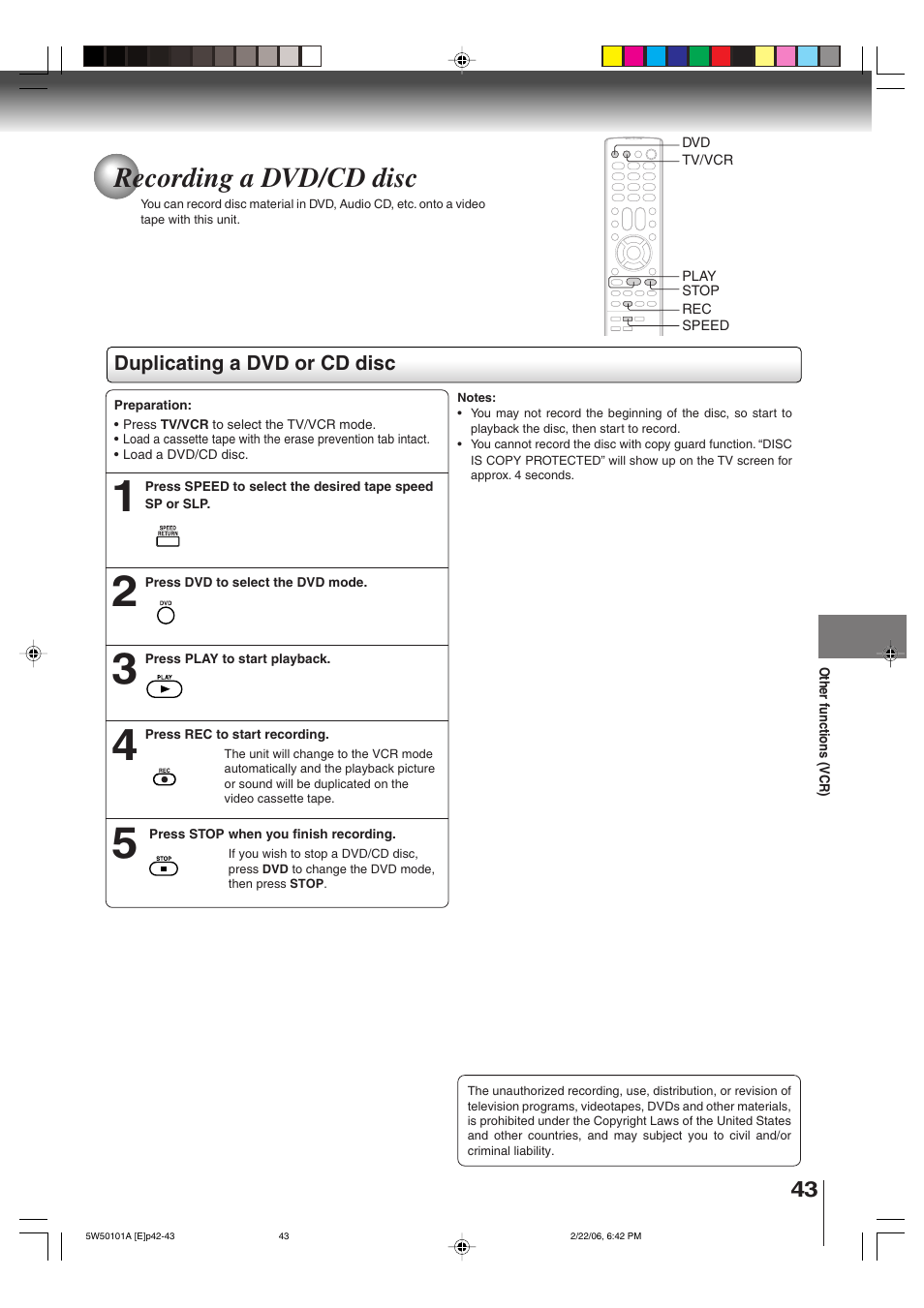 Recording a dvd/cd disc | Toshiba MW20F12 User Manual | Page 43 / 68