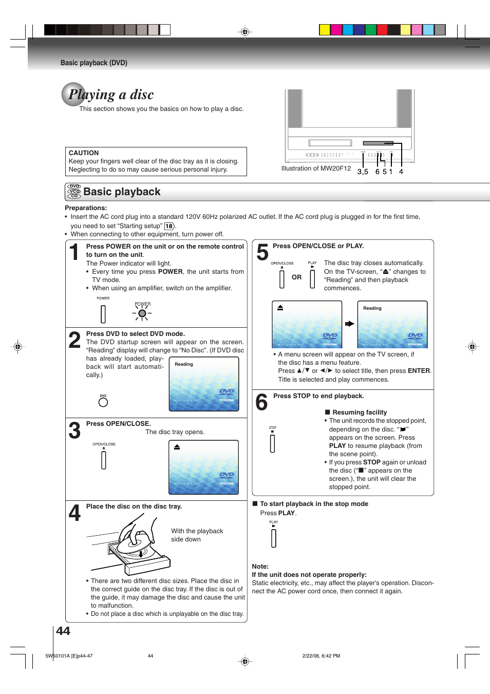 Playing a disc, Basic playback | Toshiba MW20F12 User Manual | Page 44 / 68