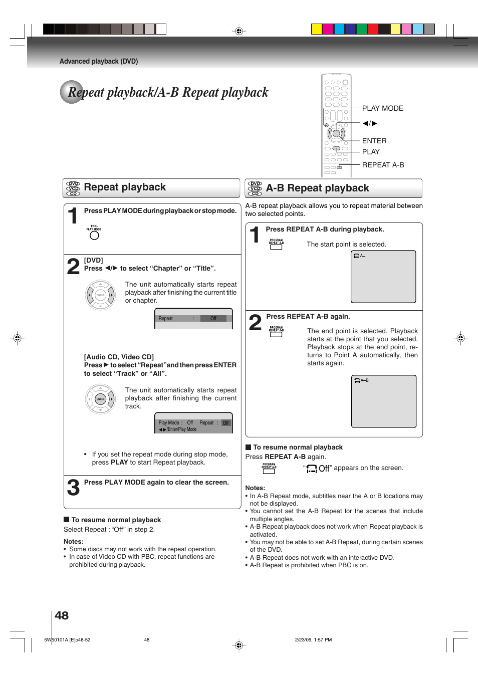 Repeat playback/a-b repeat playback, Repeat playback a-b repeat playback | Toshiba MW20F12 User Manual | Page 48 / 68