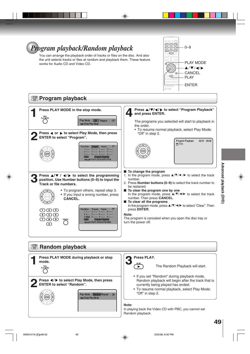 Program playback/random playback, Program playback, Random playback | Toshiba MW20F12 User Manual | Page 49 / 68