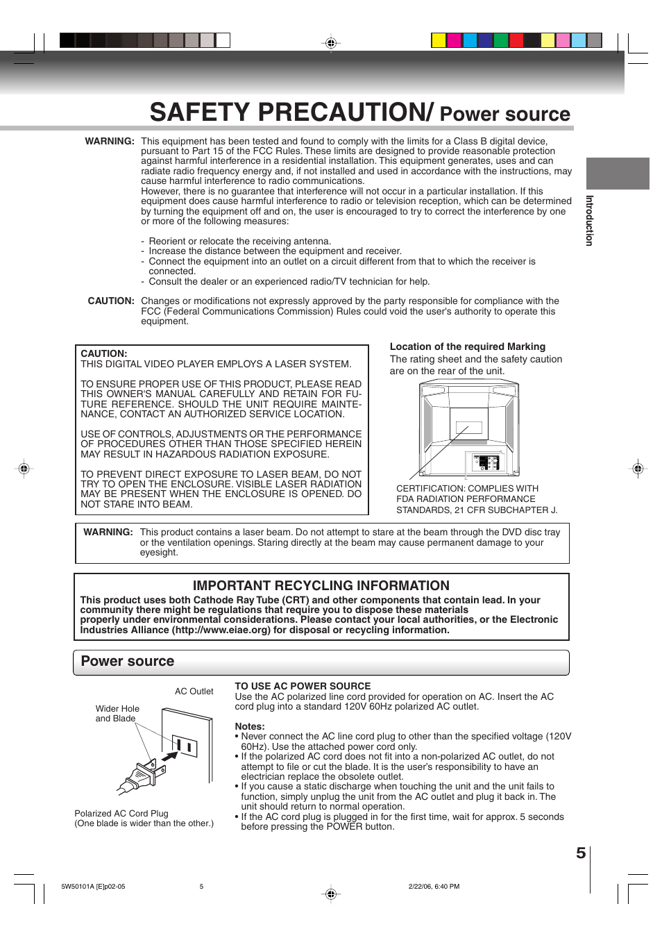 Safety precaution, Power source, Important recycling information | Toshiba MW20F12 User Manual | Page 5 / 68