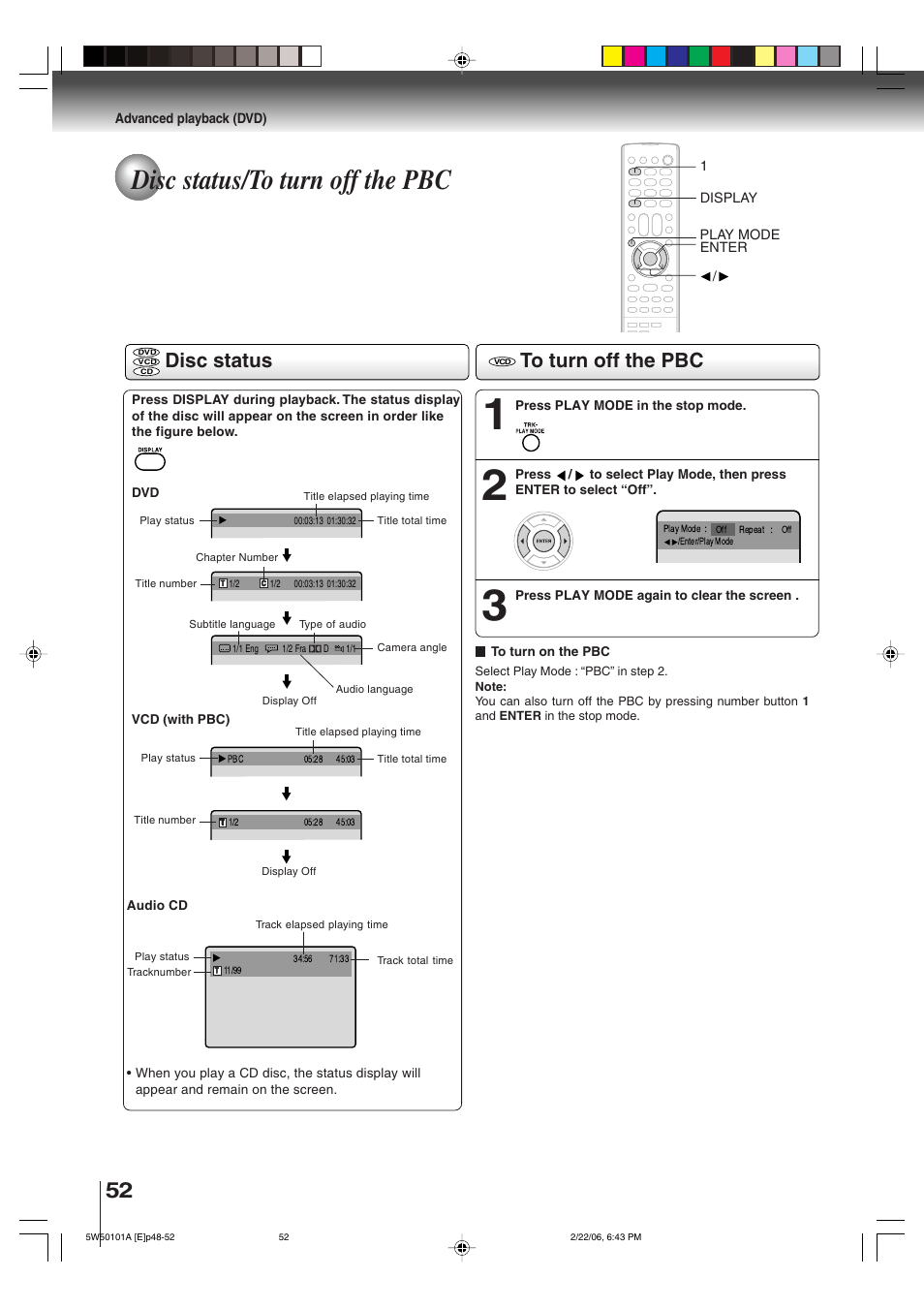 Disc status/to turn off the pbc, Disc status | Toshiba MW20F12 User Manual | Page 52 / 68