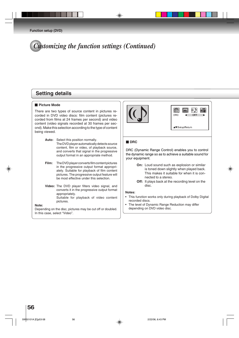 Customizing the function settings (continued), Setting details | Toshiba MW20F12 User Manual | Page 56 / 68