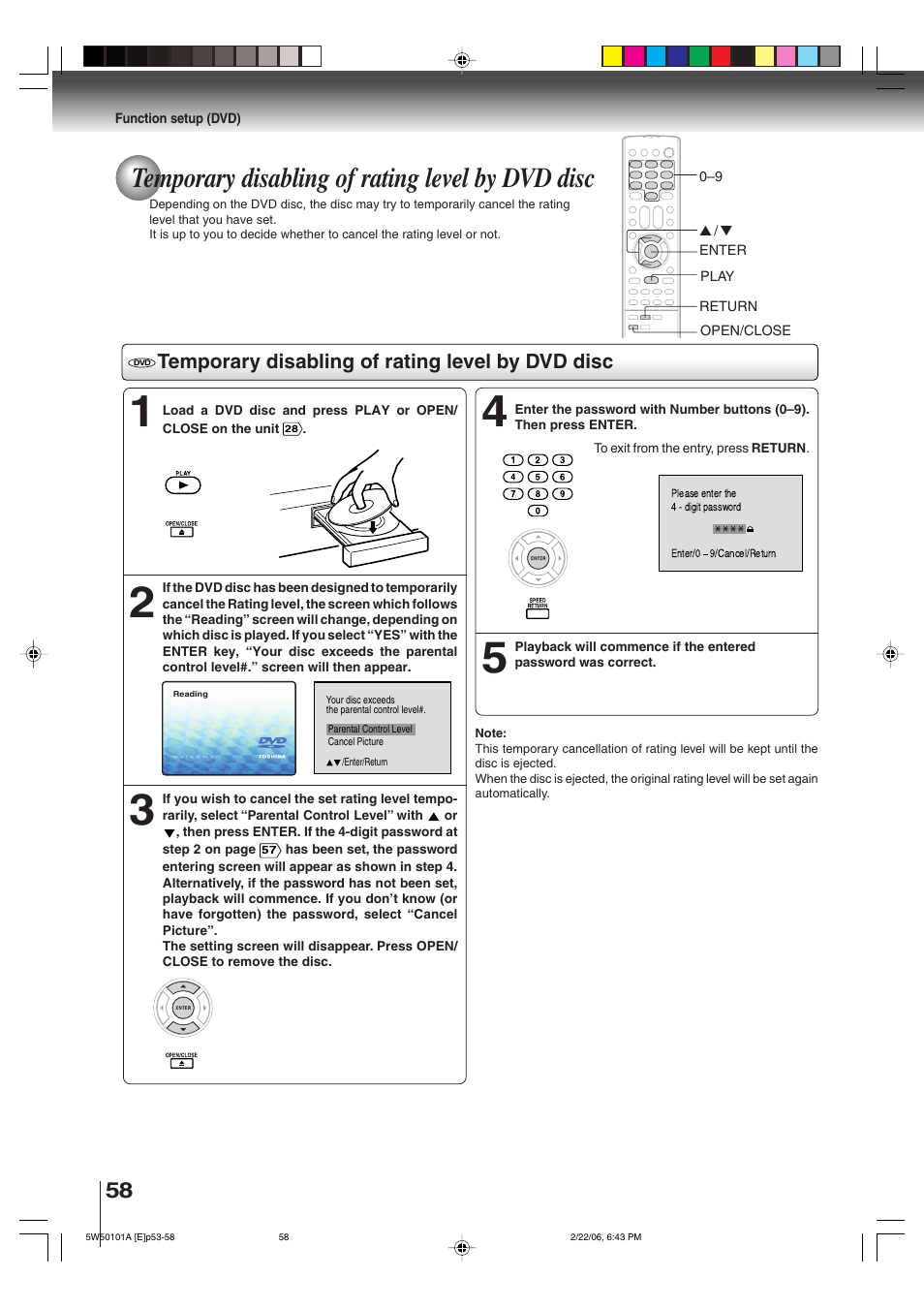 Temporary disabling of rating level by dvd disc | Toshiba MW20F12 User Manual | Page 58 / 68