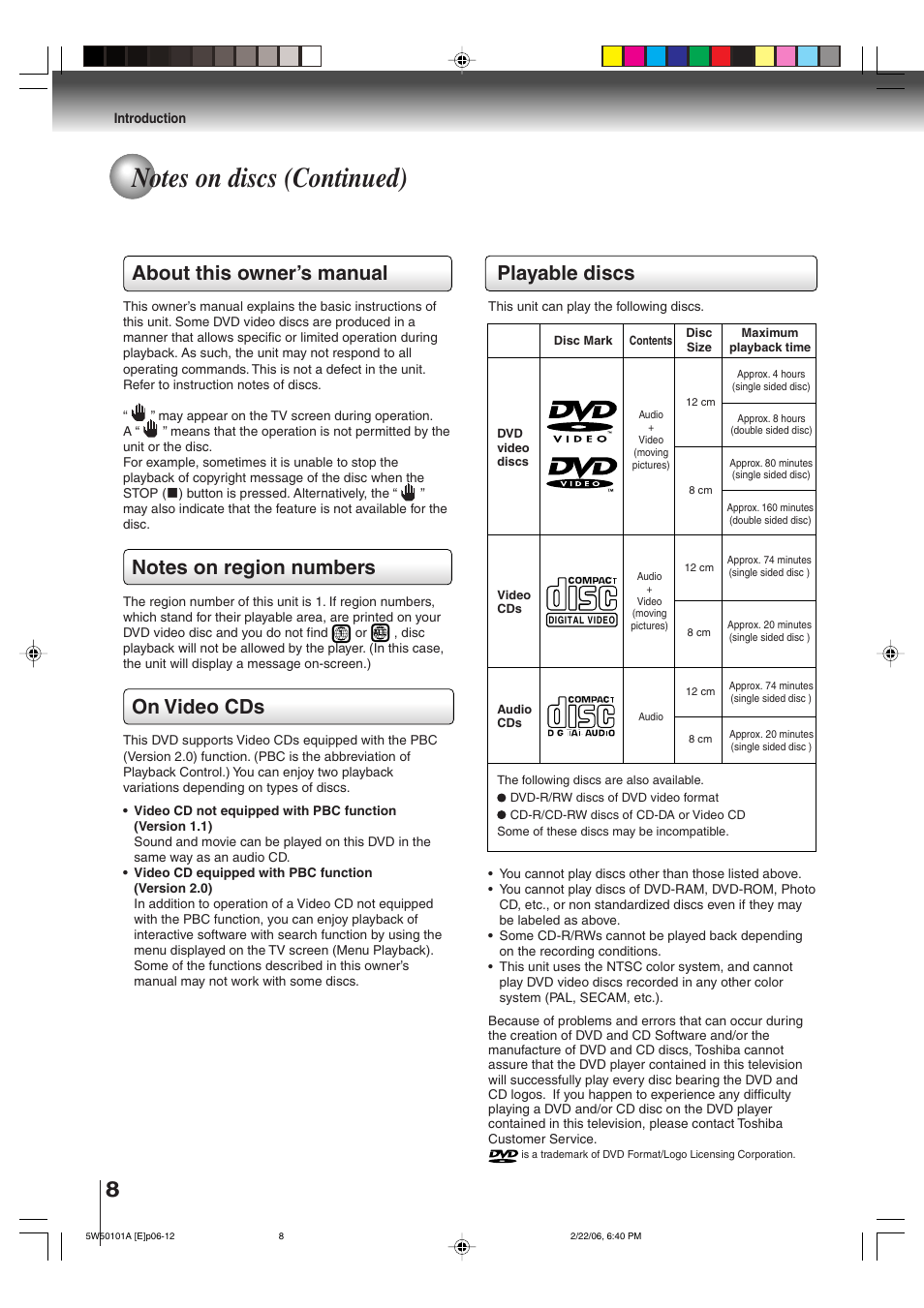 Playable discs, About this owner’s manual, On video cds | Toshiba MW20F12 User Manual | Page 8 / 68