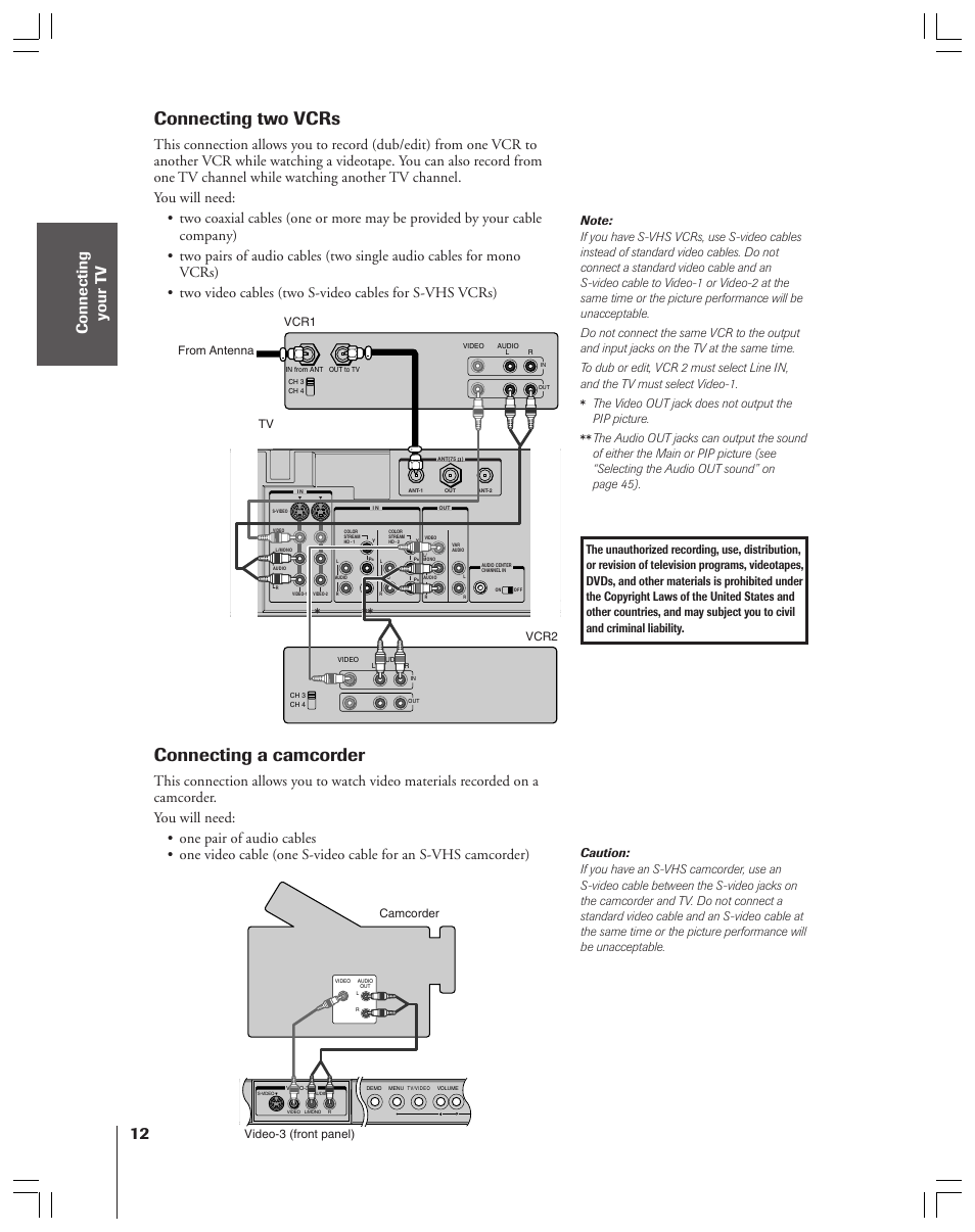 Connecting two vcrs, Connecting a camcorder, The video out jack does not output the pip picture | Toshiba 36HF12 User Manual | Page 12 / 54
