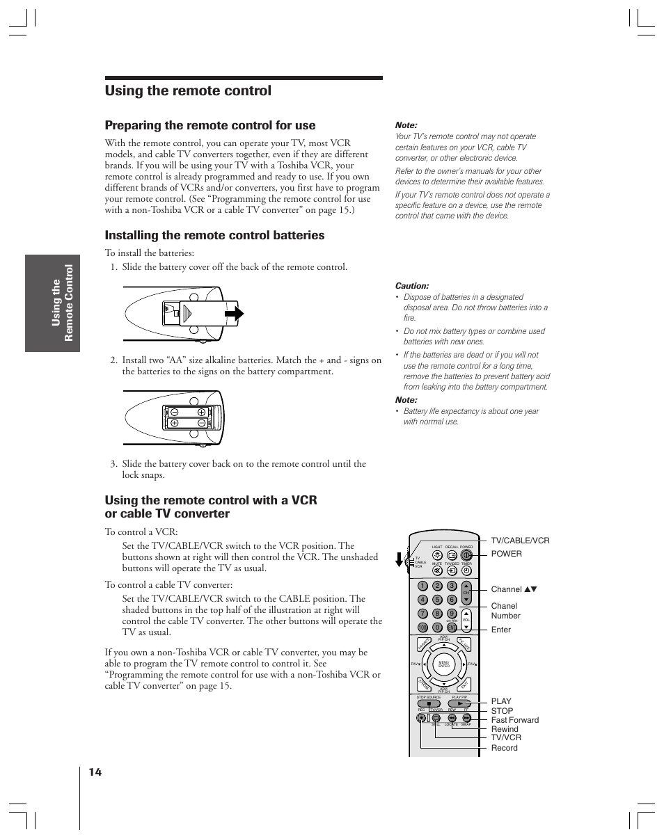 Using the remote control, Preparing the remote control for use, Installing the remote control batteries | Toshiba 36HF12 User Manual | Page 14 / 54