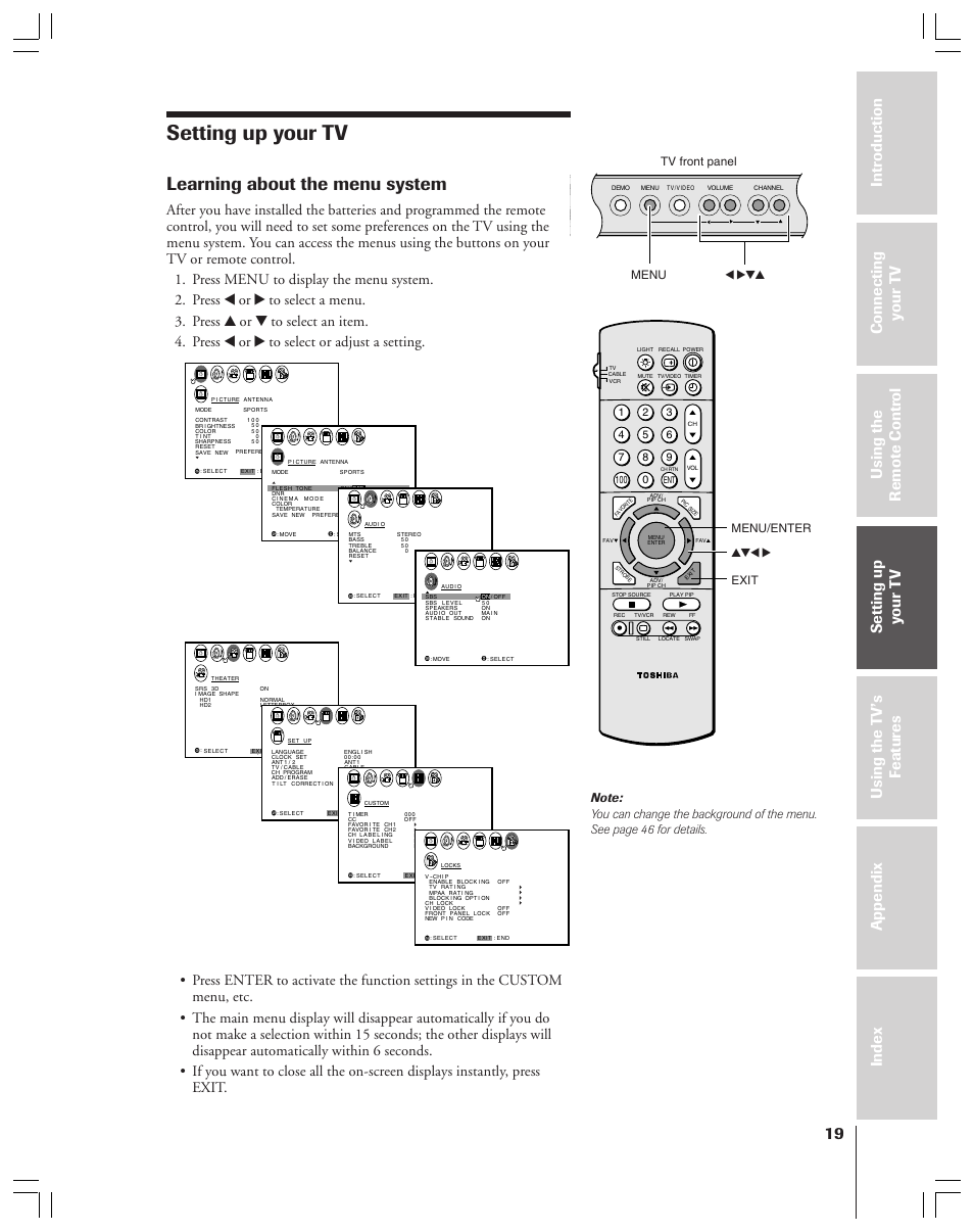 Setting up your tv, Learning about the menu system, Yzx • exit menu/enter menu x •zy tv front panel | Toshiba 36HF12 User Manual | Page 19 / 54