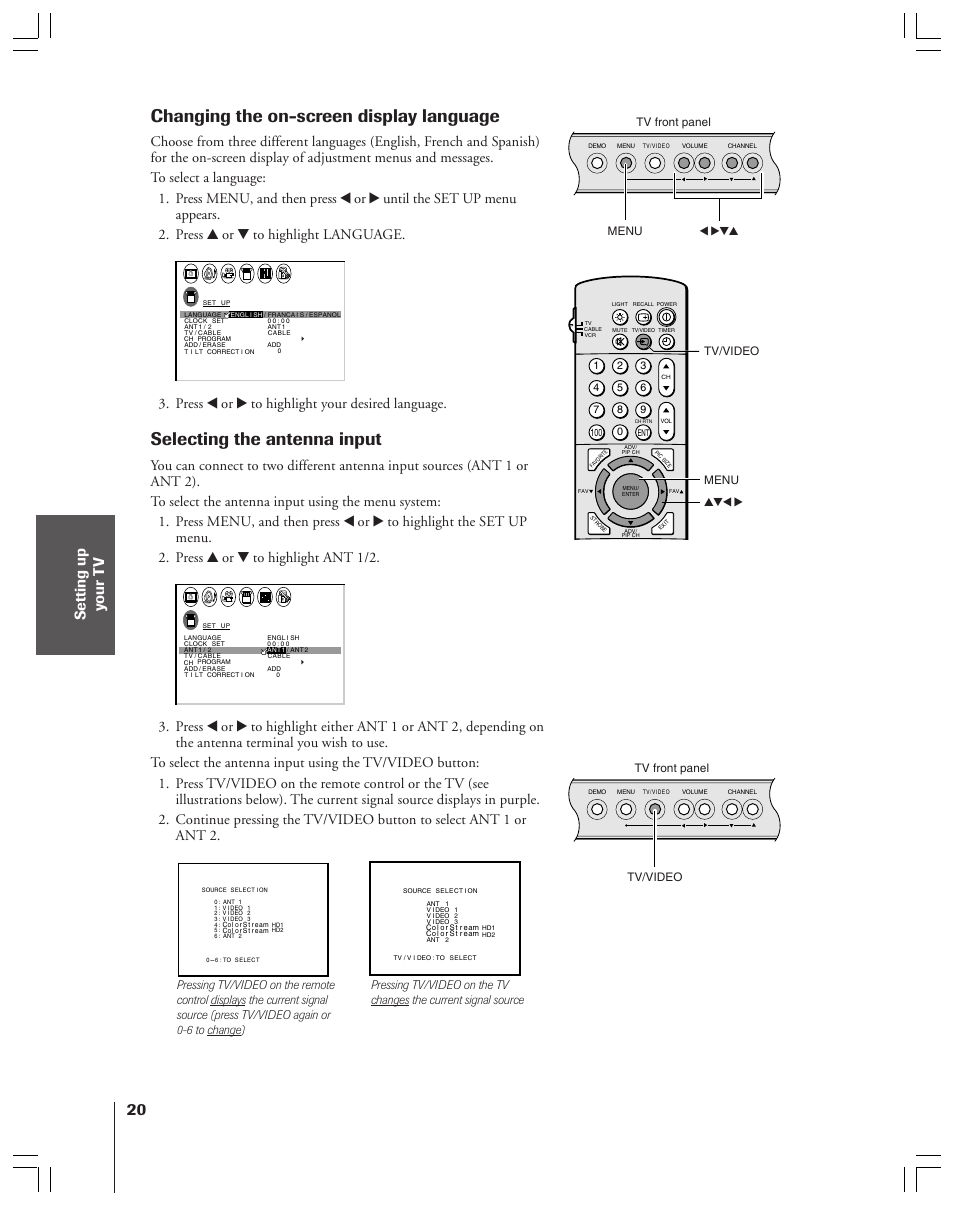Changing the on-screen display language, Selecting the antenna input, Press x or • to highlight your desired language | Menu yzx • tv/video tv/video, Menu x •zy, Tv front panel | Toshiba 36HF12 User Manual | Page 20 / 54