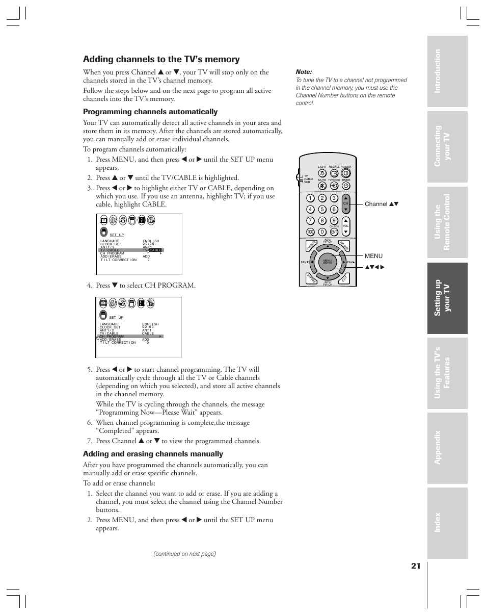 Programming channels automatically, Adding and erasing channels manually, Press z to select ch program | Toshiba 36HF12 User Manual | Page 21 / 54