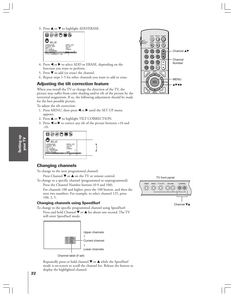 Adjusting the tilt correction feature, Changing channels, Changing channels using speedsurf | Press y or z to highlight add/erase, Channel yz channel number, Channel zy tv front panel | Toshiba 36HF12 User Manual | Page 22 / 54