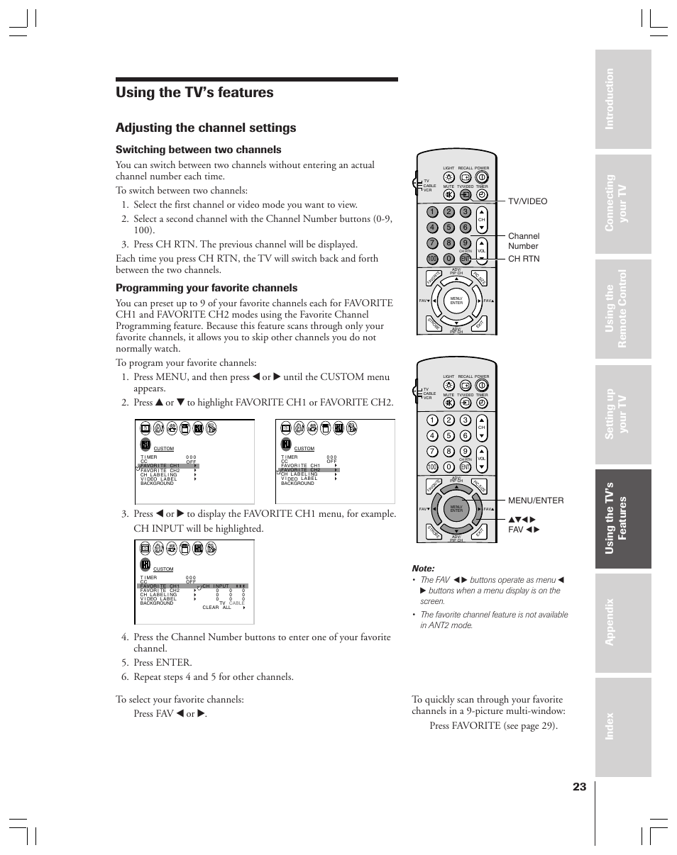 Using the tv’s features, Adjusting the channel settings, Switching between two channels | Programming your favorite channels | Toshiba 36HF12 User Manual | Page 23 / 54