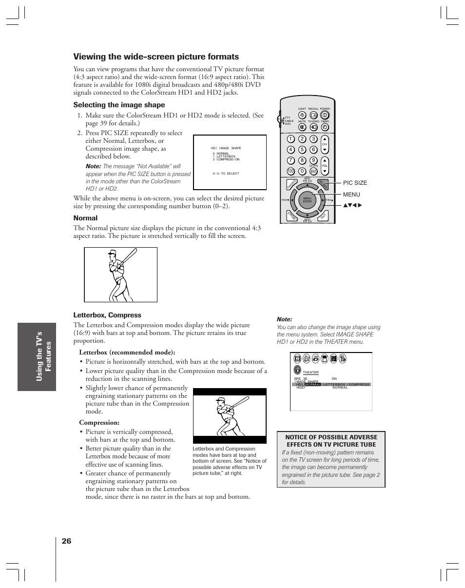 Viewing the wide-screen picture formats, Selecting the image shape | Toshiba 36HF12 User Manual | Page 26 / 54