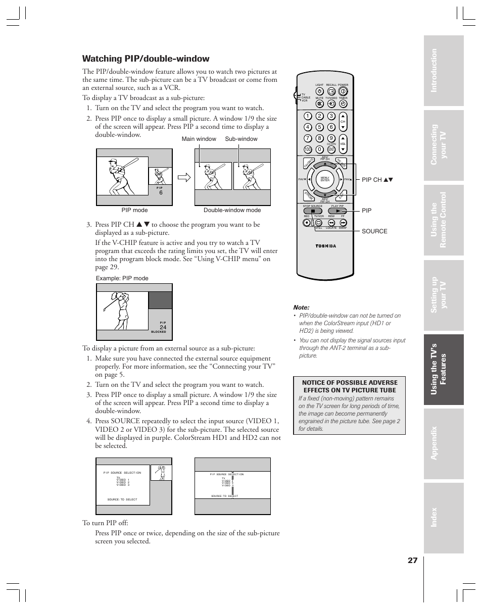 Watching pip/double-window | Toshiba 36HF12 User Manual | Page 27 / 54