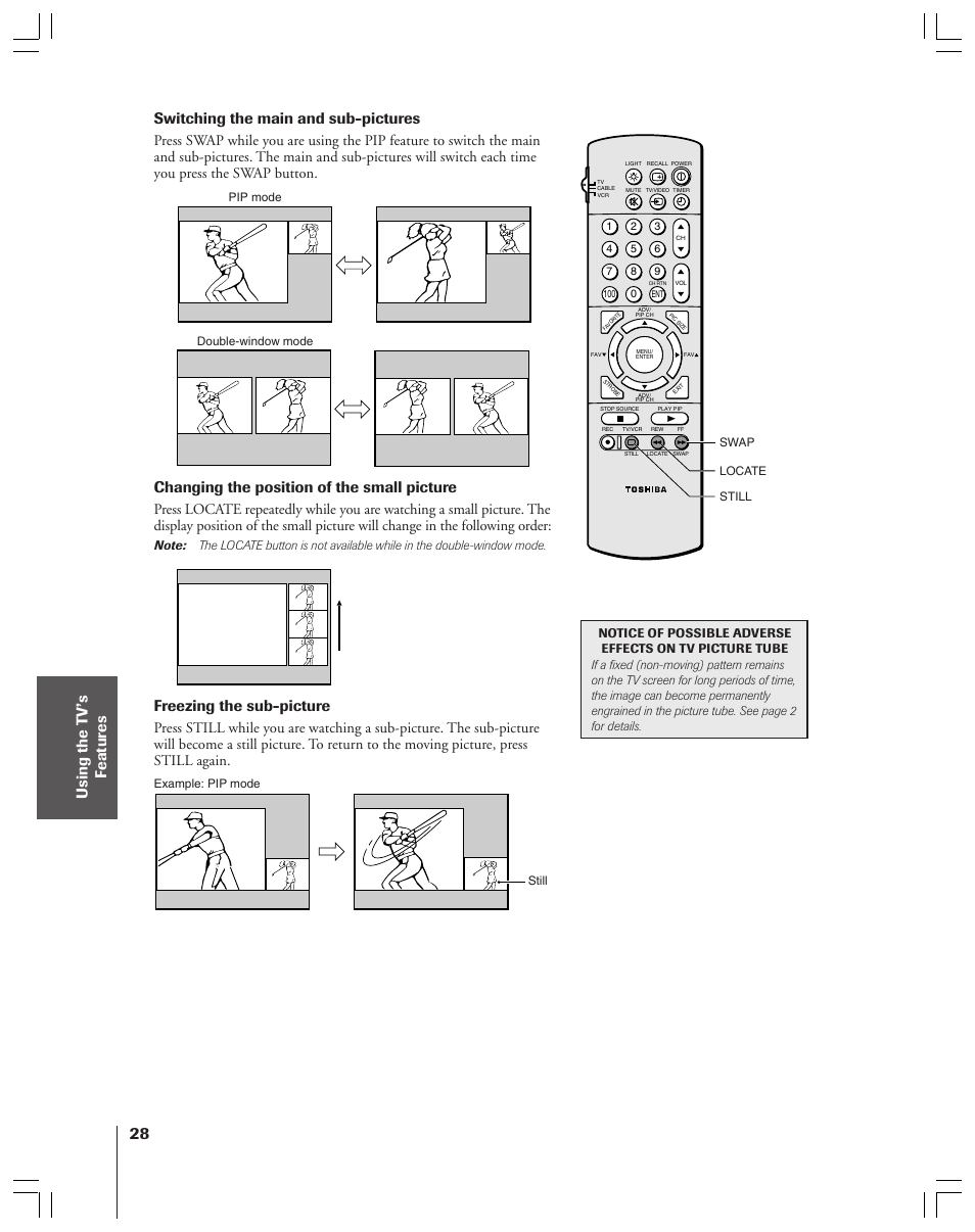 Switching the main and sub-pictures, Changing the position of the small picture, Freezing the sub-picture | Toshiba 36HF12 User Manual | Page 28 / 54