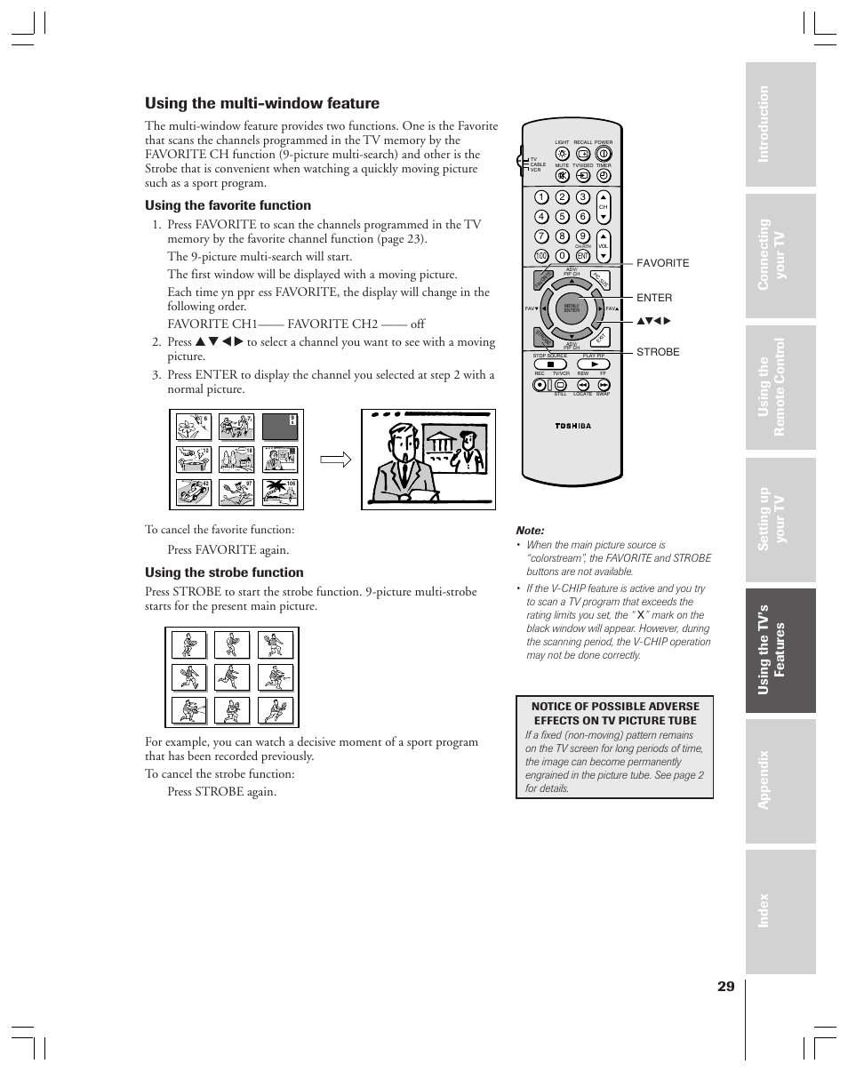 Using the multi-window feature, Using the favorite function, Using the strobe function | Press favorite again | Toshiba 36HF12 User Manual | Page 29 / 54