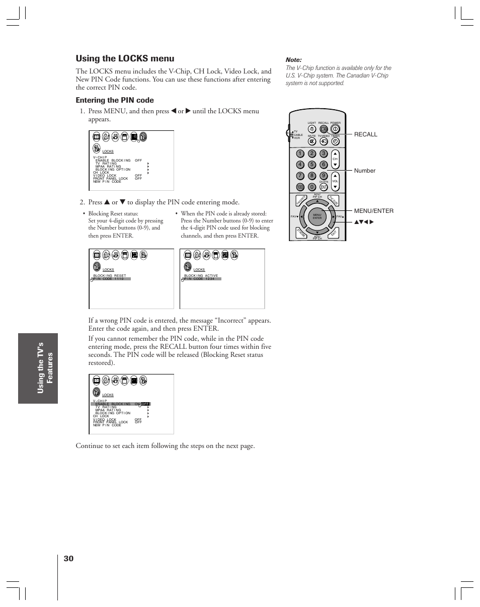 Using the locks menu, Entering the pin code, Press y or z to display the pin code entering mode | Toshiba 36HF12 User Manual | Page 30 / 54