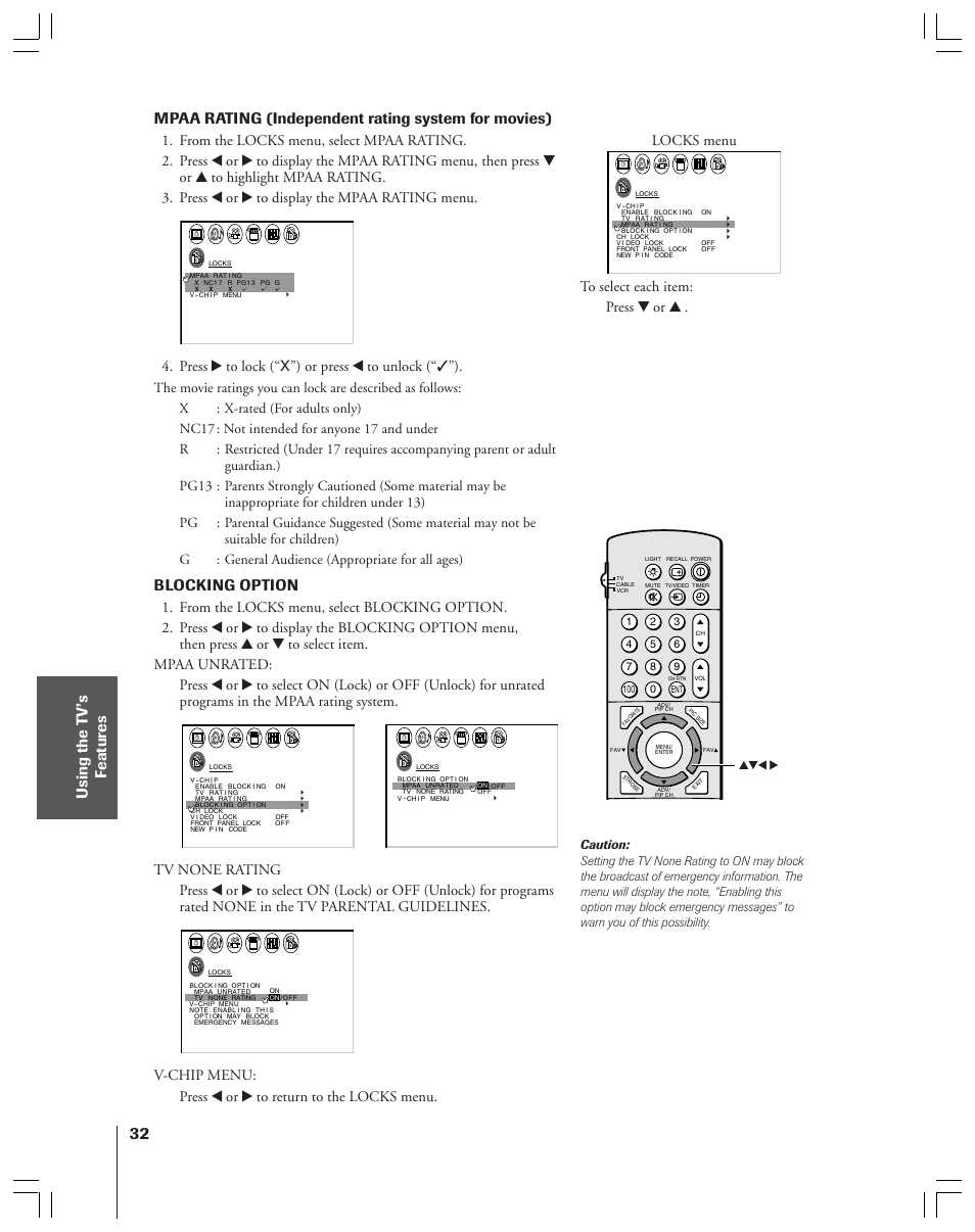 Mpaa rating (independent rating system for movies), Blocking option, Press • to lock (“x”) or press x to unlock (“✓”) | Toshiba 36HF12 User Manual | Page 32 / 54
