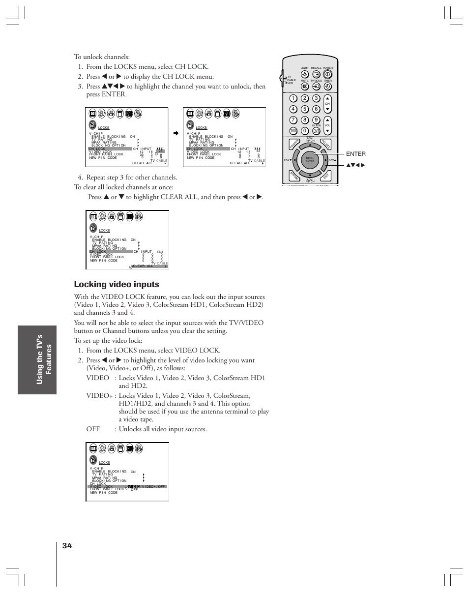 Locking video inputs, Enter yzx | Toshiba 36HF12 User Manual | Page 34 / 54