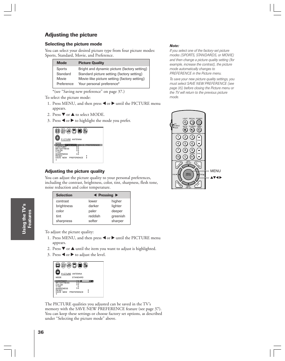 Adjusting the picture, Selecting the picture mode, Adjusting the picture quality | Toshiba 36HF12 User Manual | Page 36 / 54