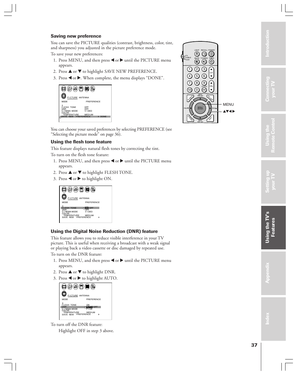 Saving new preference, Using the flesh tone feature, Using the digital noise reduction (dnr) feature | Toshiba 36HF12 User Manual | Page 37 / 54