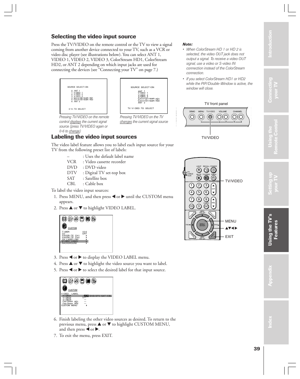 Selecting the video input source, Labeling the video input sources, Menu yzx • exit tv/video | Tv/video, Tv front panel | Toshiba 36HF12 User Manual | Page 39 / 54