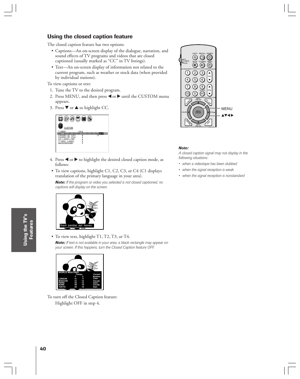 Using the closed caption feature | Toshiba 36HF12 User Manual | Page 40 / 54