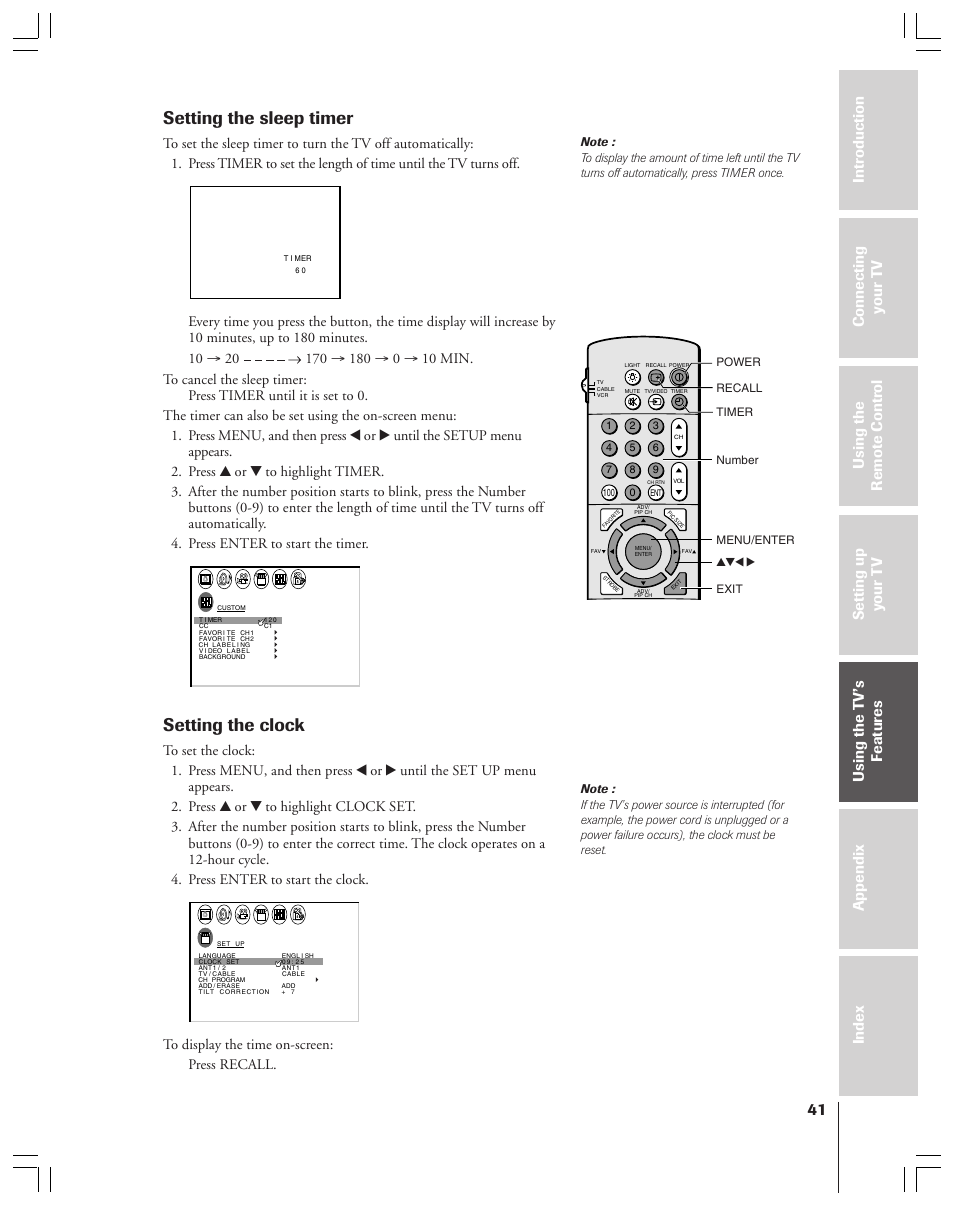 Setting the sleep timer, Setting the clock | Toshiba 36HF12 User Manual | Page 41 / 54
