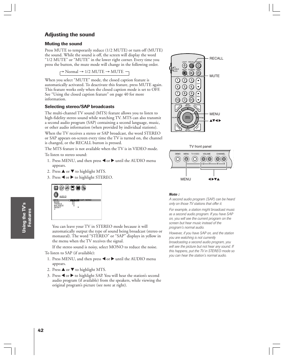 Adjusting the sound, Muting the sound, Selecting stereo/sap broadcasts | Toshiba 36HF12 User Manual | Page 42 / 54