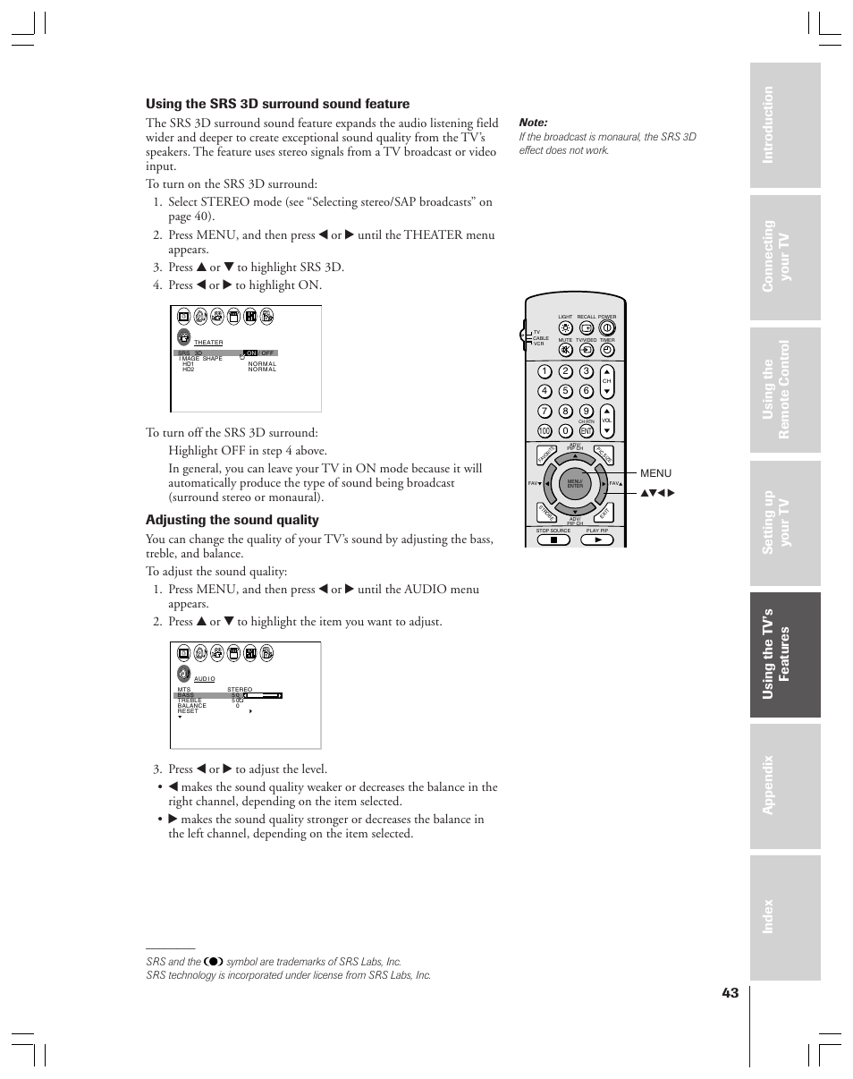 Using the srs 3d surround sound feature, Adjusting the sound quality | Toshiba 36HF12 User Manual | Page 43 / 54
