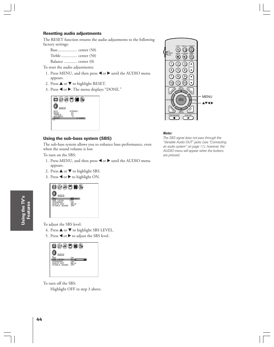 Resetting audio adjustments, Using the sub-bass system (sbs) | Toshiba 36HF12 User Manual | Page 44 / 54