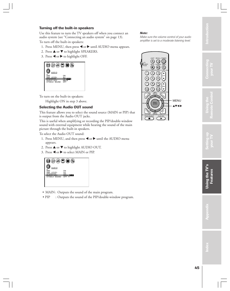 Turning off the built-in speakers, Selecting the audio out sound | Toshiba 36HF12 User Manual | Page 45 / 54